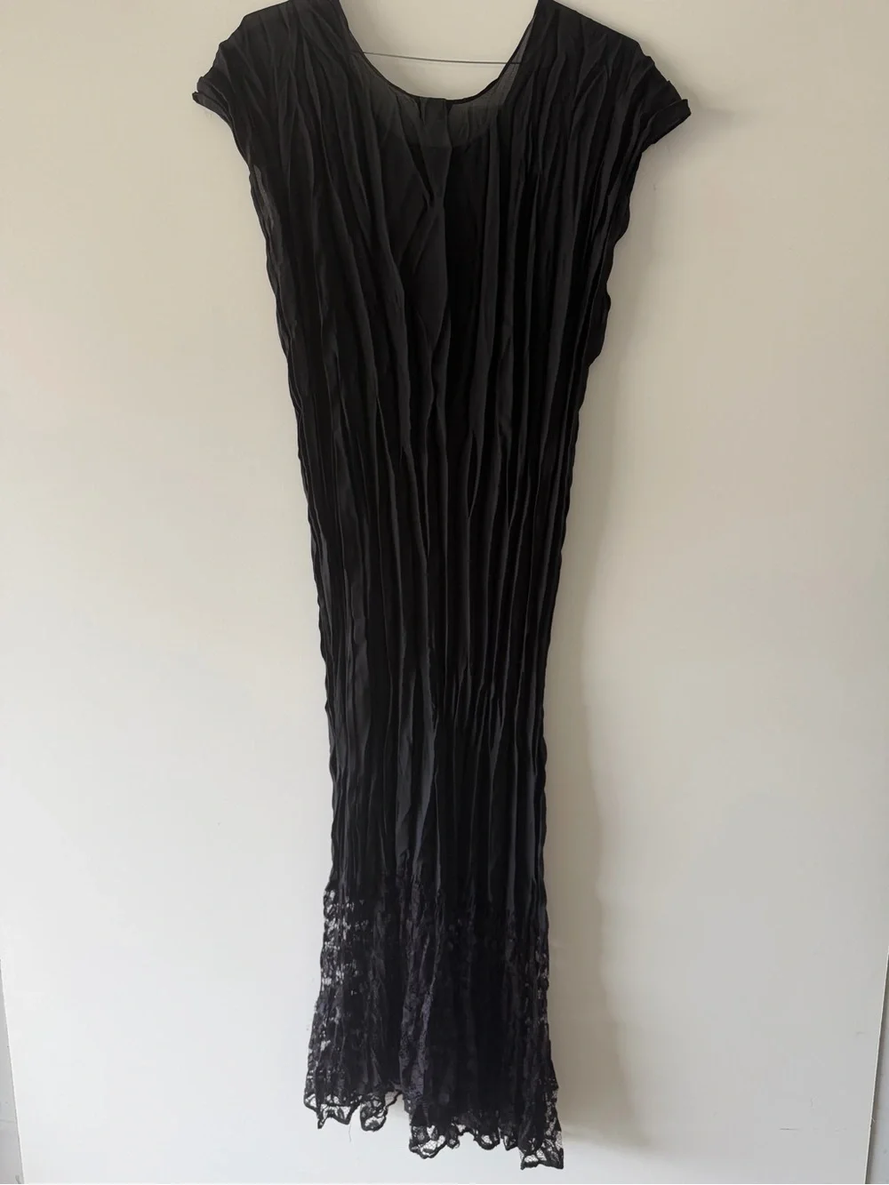 Vintage Sandi Kent Atlantis Black Pleated Maxi Dress with Lace Hem